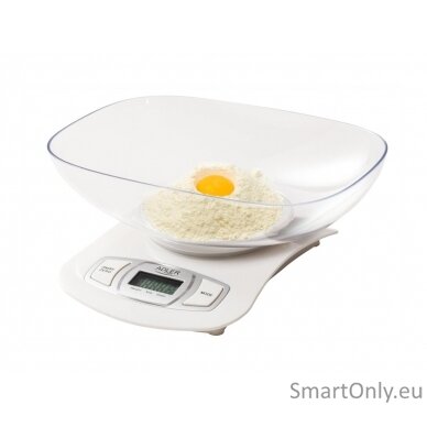 Adler AD 3137 Kitchen scales, Capacity 5 kg , Graduation 1g, Big LCD Display, Auto-zero/Auto-off, Large bowl, White | Adler | Adler AD 3137 | Maximum weight (capacity) 5 kg | Graduation 1 g | Display type LCD | White 8