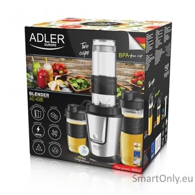 Adler Blender AD 4081 Tabletop 800 W Jar material BPA Free Plastic Jar capacity 0.57 and 0.4 L Ice crushing Black/Stainless steel