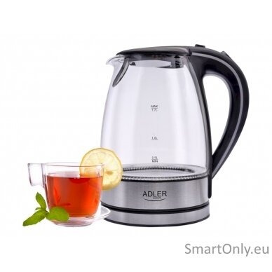 Adler Kettle AD 1225 Standard 2000 W 1.7 L Glass 360° rotational base Stainless steel/Black 7