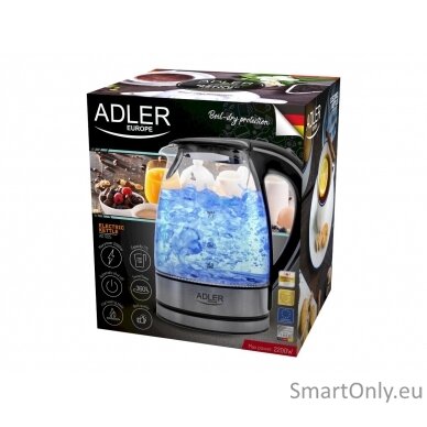 Adler Kettle AD 1225 Standard 2000 W 1.7 L Glass 360° rotational base Stainless steel/Black 10