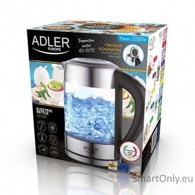 Adler Kettle AD 1247 NEW With electronic control 1850 - 2200 W 1.7 L Stainless steel, glass 360° rotational base Stainless steel/Transparent