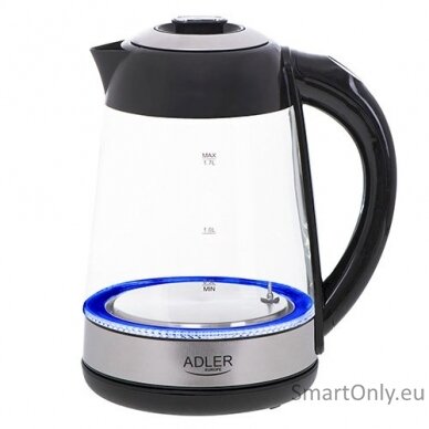 Adler Kettle AD 1285 Electric 2200 W 1.7 L Glass/Stainless steel 360° rotational base Grey 1