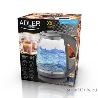 Adler Kettle AD 1286 Standard 2200 W 2 L Plastic/Glass 360° rotational base Grey/ transparent 3