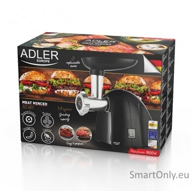 Adler Meat mincer AD 4811	 Black 600 W Number of speeds 1 Throughput (kg/min) 1.8 3 replaceable sieves: 3mm for grinding poppies and preparing meat and vegetable stuffing; 5mm for meatballs, Roman roast and beef burgers; 7mm for coarsely ground sausages,  7