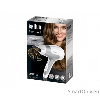 Braun Hair Dryer Satin Hair 5 HD 580 2500 W, Number of temperature settings 3, Ionic function, White/ silver 6