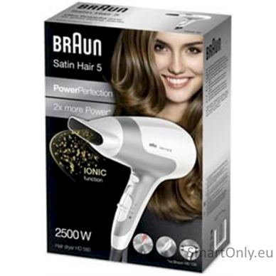 Braun Hair Dryer Satin Hair 5 HD 580 2500 W, Number of temperature settings 3, Ionic function, White/ silver 3