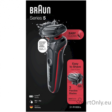 Braun Shaver 51-R1000s	 Operating time (max) 50 min, Wet & Dry, Black/Red 2