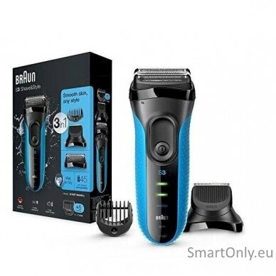 Braun Shaver with trimmer Series 3 Shave&Style 3010BT Cordless, Charging time 1 h, Operating time 45 min, Wet use, NiMH, Number of shaver heads/blades 2, Black/Blue 2