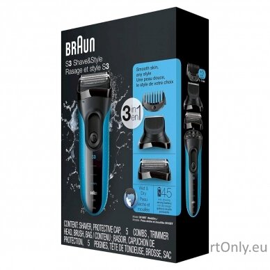 Braun Shaver with trimmer Series 3 Shave&Style 3010BT Cordless, Charging time 1 h, Operating time 45 min, Wet use, NiMH, Number of shaver heads/blades 2, Black/Blue