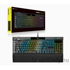 Corsair Mechanical Gaming Keyboard K100 RGB Optical Mechanical Gaming Keyboard CORSAIR OPX Key switch; FPS / MOBA additional keycaps; 6 macro keys; Extended size; USB 2.0 Type-A pass-through; Volume Roller;  iCUE Control Wheel; Braided cable; Aluminum des