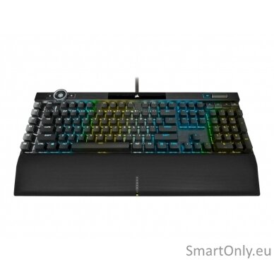 Corsair Mechanical Gaming Keyboard K100 RGB Optical Mechanical Gaming Keyboard CORSAIR OPX Key switch; FPS / MOBA additional keycaps; 6 macro keys; Extended size; USB 2.0 Type-A pass-through; Volume Roller;  iCUE Control Wheel; Braided cable; Aluminum des 11