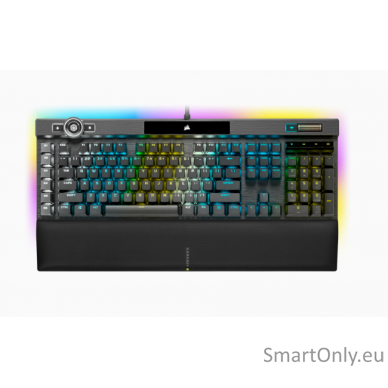 Corsair Mechanical Gaming Keyboard K100 RGB Optical Mechanical Gaming Keyboard CORSAIR OPX Key switch; FPS / MOBA additional keycaps; 6 macro keys; Extended size; USB 2.0 Type-A pass-through; Volume Roller;  iCUE Control Wheel; Braided cable; Aluminum des