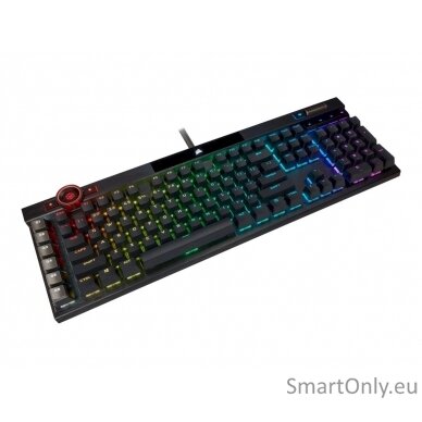 Corsair Mechanical Gaming Keyboard K100 RGB Optical Mechanical Gaming Keyboard CORSAIR OPX Key switch; FPS / MOBA additional keycaps; 6 macro keys; Extended size; USB 2.0 Type-A pass-through; Volume Roller;  iCUE Control Wheel; Braided cable; Aluminum des 16