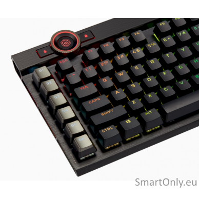 Corsair Mechanical Gaming Keyboard K100 RGB Optical Mechanical Gaming Keyboard CORSAIR OPX Key switch; FPS / MOBA additional keycaps; 6 macro keys; Extended size; USB 2.0 Type-A pass-through; Volume Roller;  iCUE Control Wheel; Braided cable; Aluminum des 8