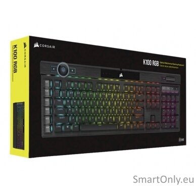 Corsair Mechanical Gaming Keyboard K100 RGB Optical Mechanical Gaming Keyboard CORSAIR OPX Key switch; FPS / MOBA additional keycaps; 6 macro keys; Extended size; USB 2.0 Type-A pass-through; Volume Roller;  iCUE Control Wheel; Braided cable; Aluminum des 20