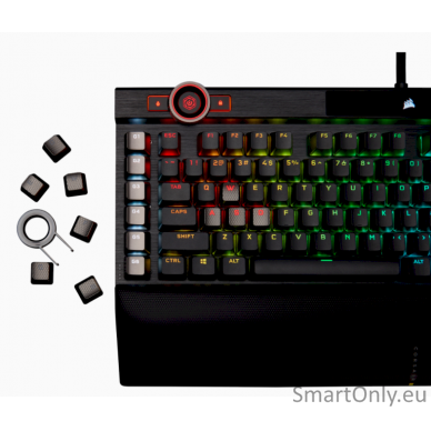 Corsair Mechanical Gaming Keyboard K100 RGB Optical Mechanical Gaming Keyboard CORSAIR OPX Key switch; FPS / MOBA additional keycaps; 6 macro keys; Extended size; USB 2.0 Type-A pass-through; Volume Roller;  iCUE Control Wheel; Braided cable; Aluminum des 9