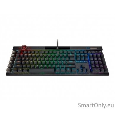 Corsair Mechanical Gaming Keyboard K100 RGB Optical Mechanical Gaming Keyboard CORSAIR OPX Key switch; FPS / MOBA additional keycaps; 6 macro keys; Extended size; USB 2.0 Type-A pass-through; Volume Roller;  iCUE Control Wheel; Braided cable; Aluminum des 12