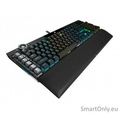 Corsair Mechanical Gaming Keyboard K100 RGB Optical Mechanical Gaming Keyboard CORSAIR OPX Key switch; FPS / MOBA additional keycaps; 6 macro keys; Extended size; USB 2.0 Type-A pass-through; Volume Roller;  iCUE Control Wheel; Braided cable; Aluminum des 13