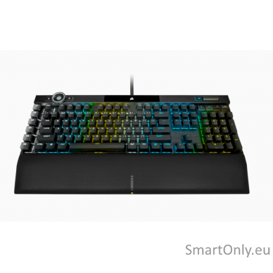 Corsair Mechanical Gaming Keyboard K100 RGB Optical Mechanical Gaming Keyboard CORSAIR OPX Key switch; FPS / MOBA additional keycaps; 6 macro keys; Extended size; USB 2.0 Type-A pass-through; Volume Roller;  iCUE Control Wheel; Braided cable; Aluminum des 2