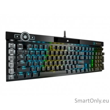 Corsair Mechanical Gaming Keyboard K100 RGB Optical Mechanical Gaming Keyboard CORSAIR OPX Key switch; FPS / MOBA additional keycaps; 6 macro keys; Extended size; USB 2.0 Type-A pass-through; Volume Roller;  iCUE Control Wheel; Braided cable; Aluminum des 14