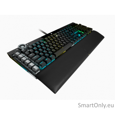 Corsair Mechanical Gaming Keyboard K100 RGB Optical Mechanical Gaming Keyboard CORSAIR OPX Key switch; FPS / MOBA additional keycaps; 6 macro keys; Extended size; USB 2.0 Type-A pass-through; Volume Roller;  iCUE Control Wheel; Braided cable; Aluminum des 3