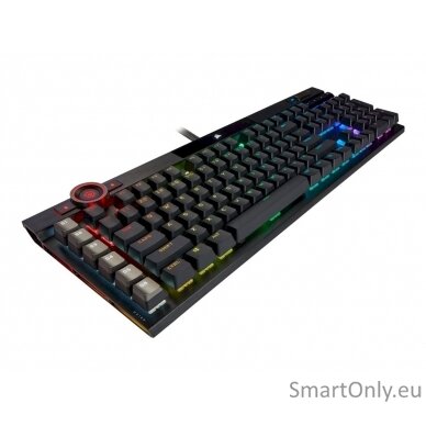 Corsair Mechanical Gaming Keyboard K100 RGB Optical Mechanical Gaming Keyboard CORSAIR OPX Key switch; FPS / MOBA additional keycaps; 6 macro keys; Extended size; USB 2.0 Type-A pass-through; Volume Roller;  iCUE Control Wheel; Braided cable; Aluminum des 15