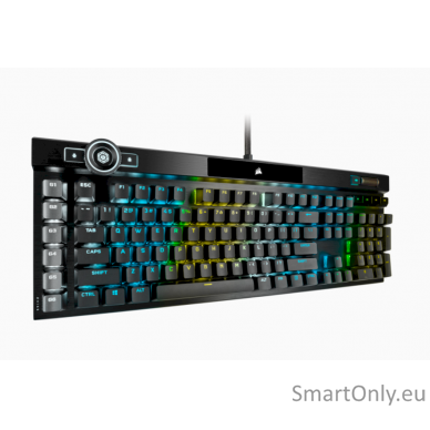 Corsair Mechanical Gaming Keyboard K100 RGB Optical Mechanical Gaming Keyboard CORSAIR OPX Key switch; FPS / MOBA additional keycaps; 6 macro keys; Extended size; USB 2.0 Type-A pass-through; Volume Roller;  iCUE Control Wheel; Braided cable; Aluminum des 4