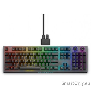 Dell Alienware Tri-Mode AW920K Wireless Gaming Keyboard AlienFX per-key RGB / 16.8 million colors; Hot Keys: Programmable, rocker switch and dial RGB LED light US Wireless Dark Side of the Moon CHERRY MX Red Bluetooth Wireless connection Numeric keypad