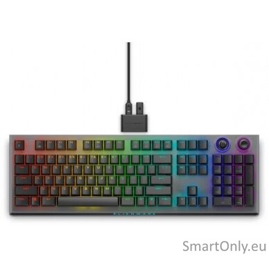 Dell Alienware Tri-Mode AW920K Wireless Gaming Keyboard AlienFX per-key RGB / 16.8 million colors; Hot Keys: Programmable, rocker switch and dial RGB LED light US Wireless Dark Side of the Moon CHERRY MX Red Bluetooth Wireless connection Numeric keypad