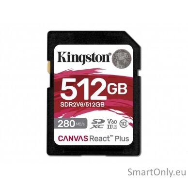 Kingston SDXC II V60 React Plus | SDR2V6/512GB | 512 GB | SDXC | Flash memory class Class 10, UHS-II, U3, V60