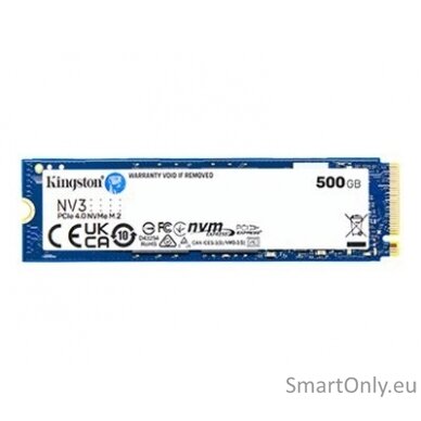 Kingston SSD | NV3 | 500 GB | SSD form factor M.2 2280 | Solid-state drive interface PCIe NVMe Gen 4.0 (x4) | Read speed 5000 MB/s | Write speed 3000 MB/s