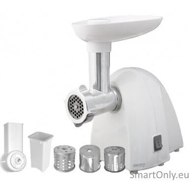 Meat mincer Camry CR 4802 White 600-1500 W Number of speeds 1 Middle size sieve, mince sieve, poppy sieve, plunger, sausage filler, vegatable attachment.