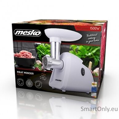 Mesko Meat mincer MS 4809 White 350 W Middle size sieve; mince sieve; poppy sieve; plunger; sausage filler