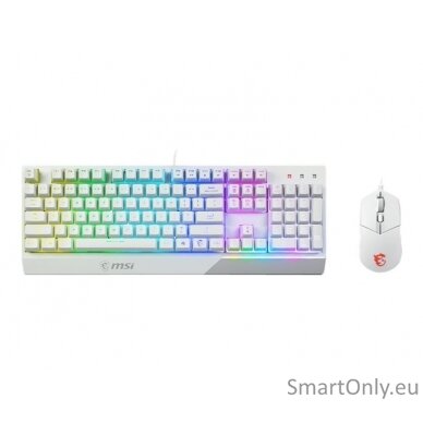 MSI Vigor GK30 COMBO WHITE Keyboard and Mouse Set Wired Mouse included Keyboard stunning RGB lighting effects in 6 areas. CLUTCH GM11 gaming mouse Stunning RGB lighting with over 7 lighting effects. 5-level DPI sensor matches with 5 different colors US Wh 5