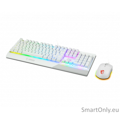 MSI Vigor GK30 COMBO WHITE Keyboard and Mouse Set Wired Mouse included Keyboard stunning RGB lighting effects in 6 areas. CLUTCH GM11 gaming mouse Stunning RGB lighting with over 7 lighting effects. 5-level DPI sensor matches with 5 different colors US Wh 1