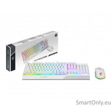 MSI Vigor GK30 COMBO WHITE Keyboard and Mouse Set Wired Mouse included Keyboard stunning RGB lighting effects in 6 areas. CLUTCH GM11 gaming mouse Stunning RGB lighting with over 7 lighting effects. 5-level DPI sensor matches with 5 different colors US Wh 4