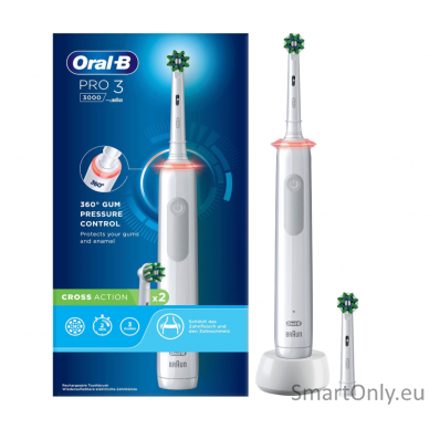 Oral-B Electric Toothbrush | Pro 3 3000 Cross Action | Rechargeable | For adults | Number of brush heads included 2 | Number of teeth brushing modes 3 | White 1