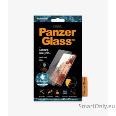 PanzerGlass Samsung, Galaxy S21+ Series, Antibacterial glass, Black, Antifingerprint screen protector, Case Friendly, Compatible with the in-screen fingerprint reader 1