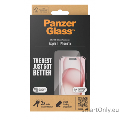 PanzerGlass Screen protector, Apple, iPhone 15, Glass, Clear, Ultra-Wide Fit 1