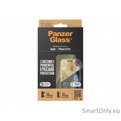 PanzerGlass Screen protector, Apple, iPhone 15 Pro, Glass, Clear, Eyecare 4