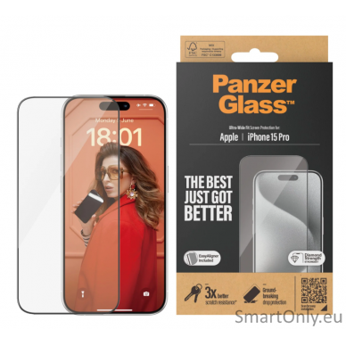 PanzerGlass Screen protector, Apple, iPhone 15 Pro, Glass, Clear, Ultra-Wide Fit