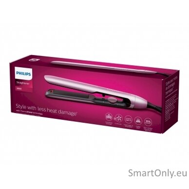 Philips Hair Straitghtener BHS530/00 Warranty 24 month(s) Ceramic heating system Ionic function Display LED Temperature (max) 230 °C Number of heating levels 12 Metallic Pink 4