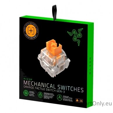 Razer Orange Tactile Mechanical Gaming Keyboard Switches pack N/A N/A N/A Gen-3; Optimized for Gaming; Quantity per pack: 36 switches; Feel: Tactile and Quiet; Actuation Force: 50 g; Travel Distance: 3.5 mm; Actuation Point: 2.0 mm; Reset Point: 1.8 mm; T 5