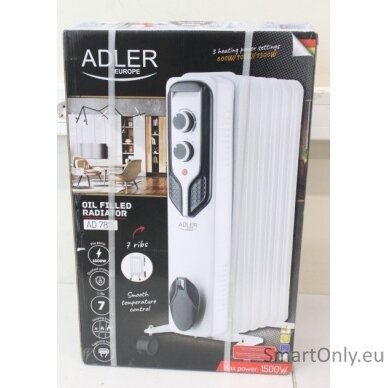 SALE OUT. Adler AD 7815 Oil-Filled Radiator, 7 Ribs, 3 Heating Powers: 600W-900W-1500W, White | Adler | Oil-Filled Radiator | AD 7815 | Oil Filled Radiator | 1500 W | Number of power levels 3 | White | DAMAGED PACKAGING