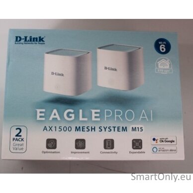 SALE OUT. D-Link M15-2 EAGLE PRO AI AX1500 Mesh System D-Link EAGLE PRO AI AX1500 Mesh System M15-2 (2-pack) 802.11ax 1200+300 Mbit/s 10/100/1000 Mbit/s Ethernet LAN (RJ-45) ports 1 Mesh Support Yes MU-MiMO Yes No mobile broadband Antenna type 2 x 2.4G WL