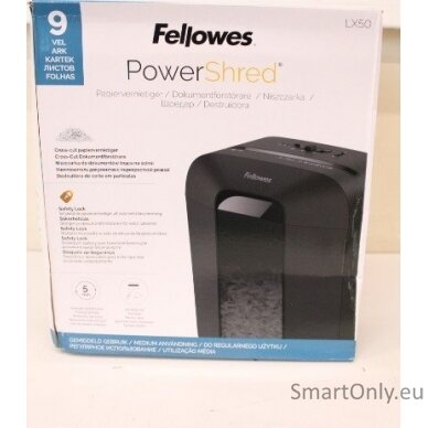 SALE OUT. Fellowes Powershred LX50 Cross-Cut Shredder | Powershred | LX50 | Black | 17 L | Credit cards shredding | DAMAGED PACKAGING, SCRATCHED | Paper handling standard/output 9 sheets per pass | Cross-Cut Shredder | Warranty 24 month(s)