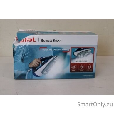 SALE OUT. TEFAL FV2838E0 Steam Iron, Water Tank 0.27 L, Countinuous Steam 40 g/min, Blue/White | FV2838E0 | Steam Iron | 2400 W | Water tank capacity 270 ml | Continuous steam 40 g/min | Blue/White | DAMAGED PACKAGING, BROKEN CORPUS ON SIDE