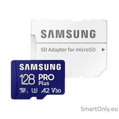 Samsung | MicroSD Card with SD Adapter | PRO Plus | 128 GB | microSDXC Memory Card | Flash memory class U3, V30, A2 | SD adapter 1