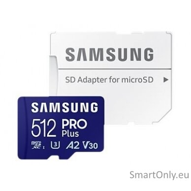 Samsung | PRO Plus microSD Card with Adapter | 512 GB | MicroSDXC | Flash memory class U3, V30, A2 1