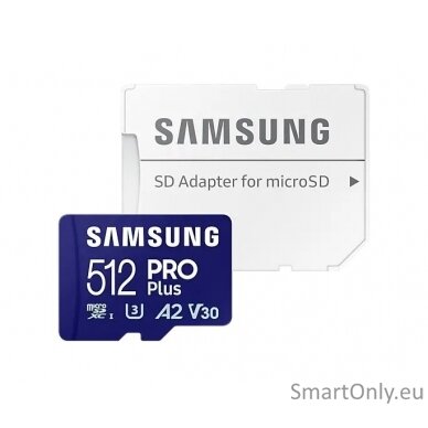 Samsung | PRO Plus microSD Card with Adapter | 512 GB | MicroSDXC | Flash memory class U3, V30, A2